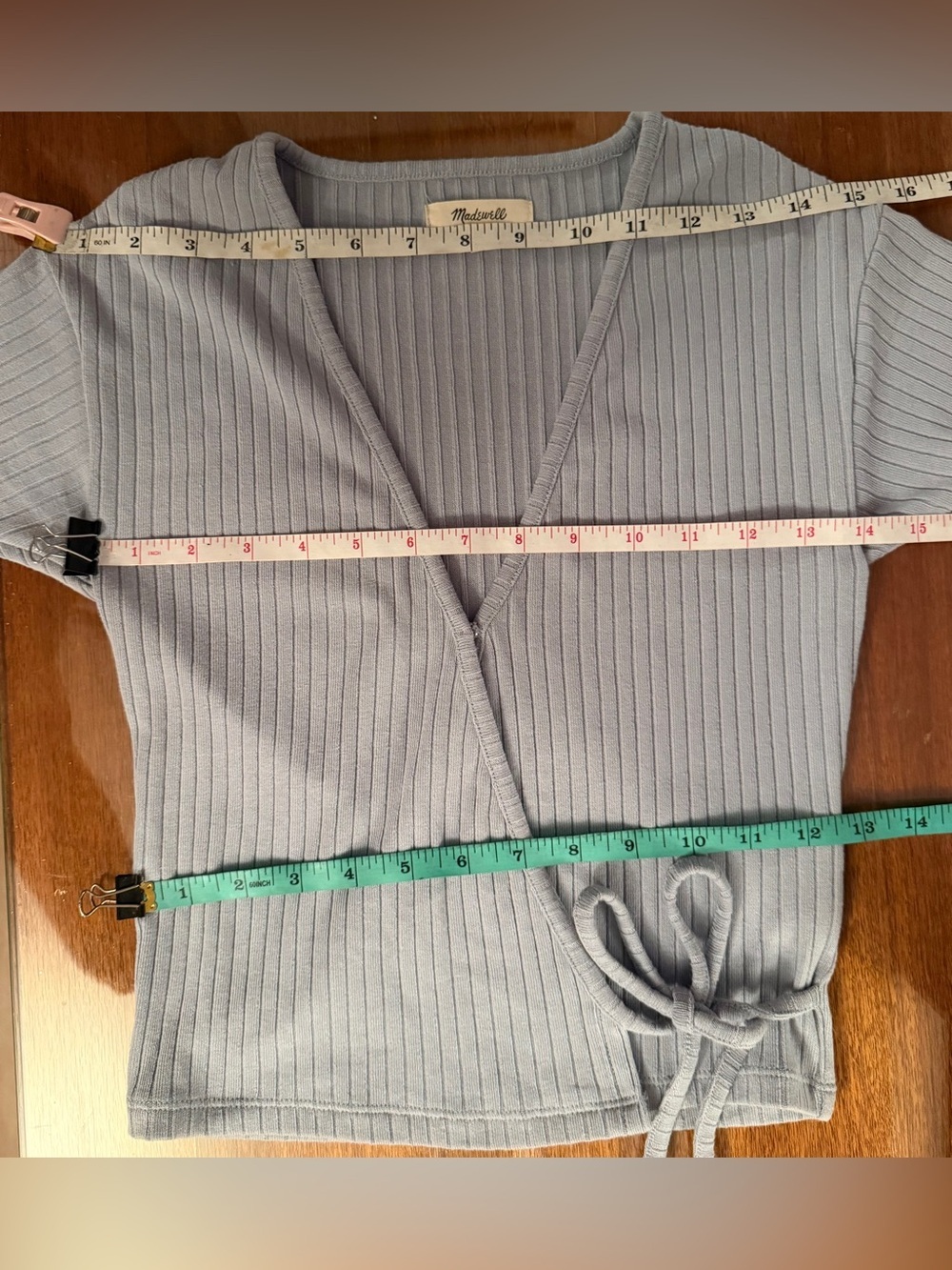 Madewell SZ XXS Pale Blue Ribbed Faux Wrap Crop Top - Picture 12 of 13